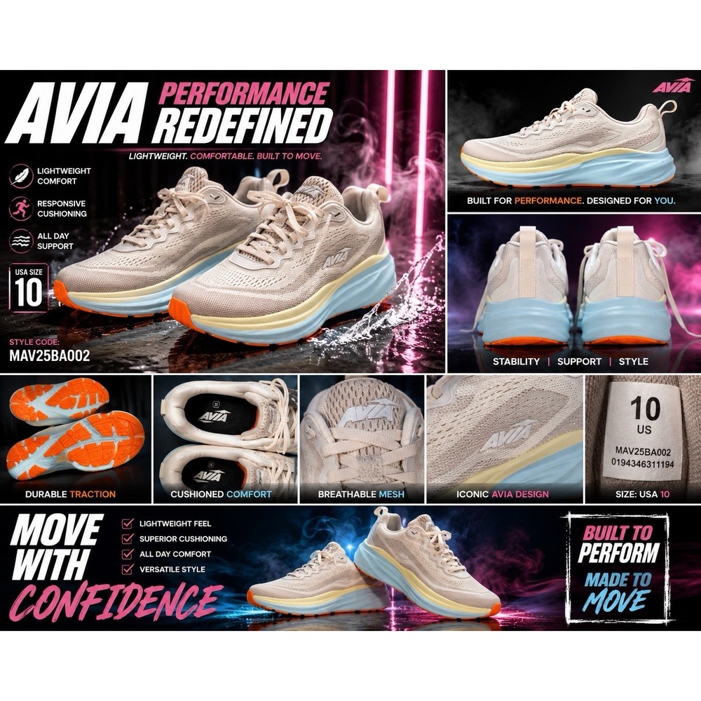 Avia Athletic Running Shoes Men's Size 10 White Blue Orange New No Box